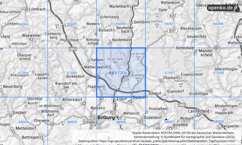 Übersichtskarte KOSTRA-DWD-2010R Rasterfeld Nr. 67006 mit angrenzenden Feldern