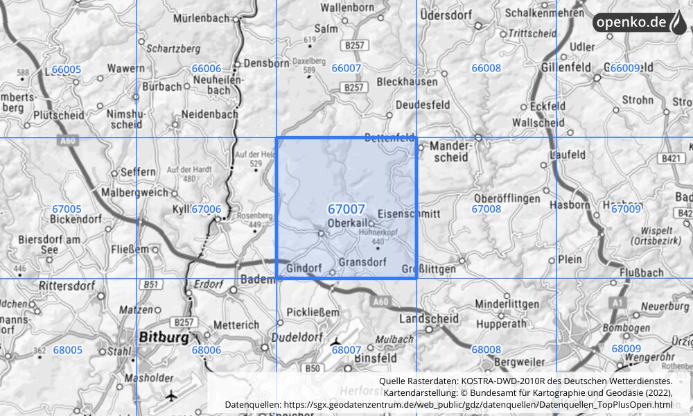 Übersichtskarte KOSTRA-DWD-2010R Rasterfeld Nr. 67007 mit angrenzenden Feldern