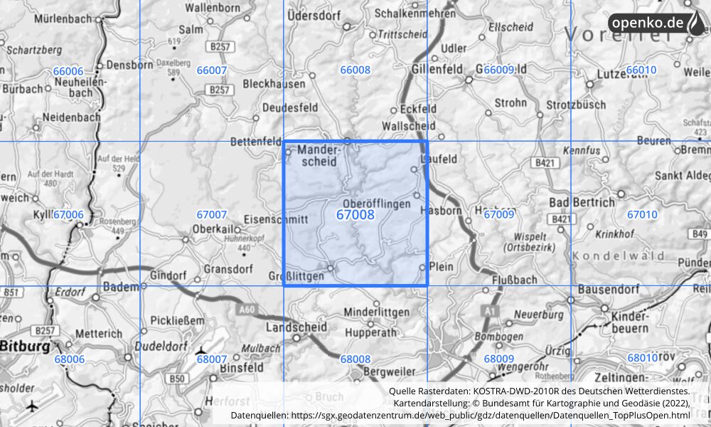 Übersichtskarte KOSTRA-DWD-2010R Rasterfeld Nr. 67008 mit angrenzenden Feldern