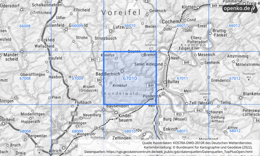 Übersichtskarte KOSTRA-DWD-2010R Rasterfeld Nr. 67010 mit angrenzenden Feldern