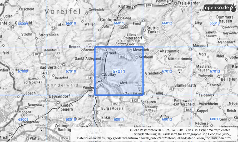 Übersichtskarte KOSTRA-DWD-2010R Rasterfeld Nr. 67011 mit angrenzenden Feldern