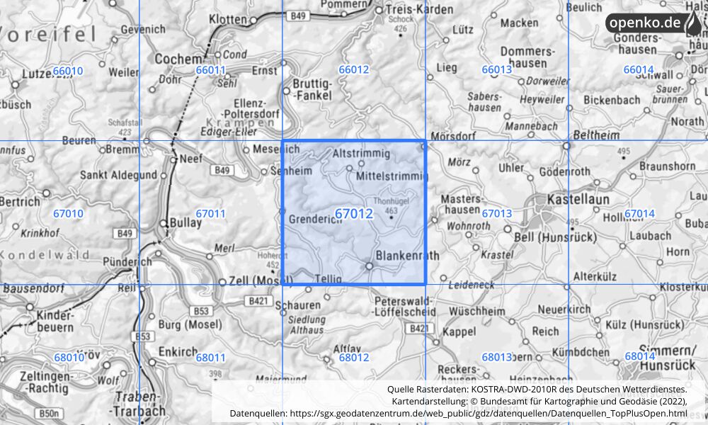 Übersichtskarte KOSTRA-DWD-2010R Rasterfeld Nr. 67012 mit angrenzenden Feldern