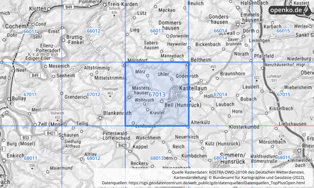 Übersichtskarte KOSTRA-DWD-2010R Rasterfeld Nr. 67013 mit angrenzenden Feldern