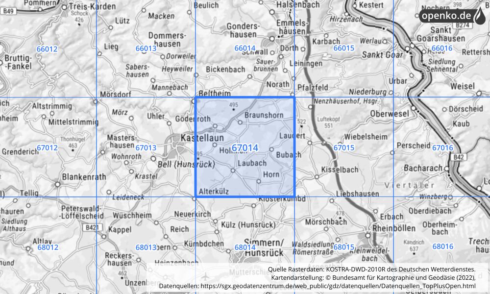 Übersichtskarte KOSTRA-DWD-2010R Rasterfeld Nr. 67014 mit angrenzenden Feldern