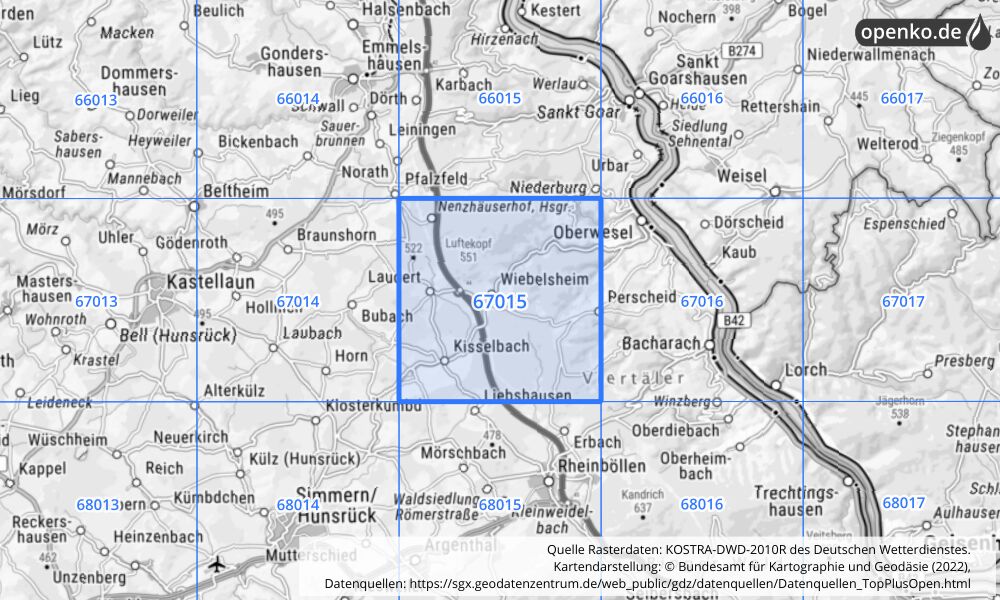 Übersichtskarte KOSTRA-DWD-2010R Rasterfeld Nr. 67015 mit angrenzenden Feldern