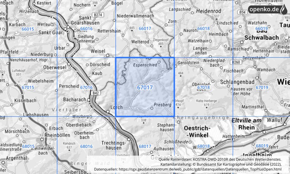 Übersichtskarte KOSTRA-DWD-2010R Rasterfeld Nr. 67017 mit angrenzenden Feldern