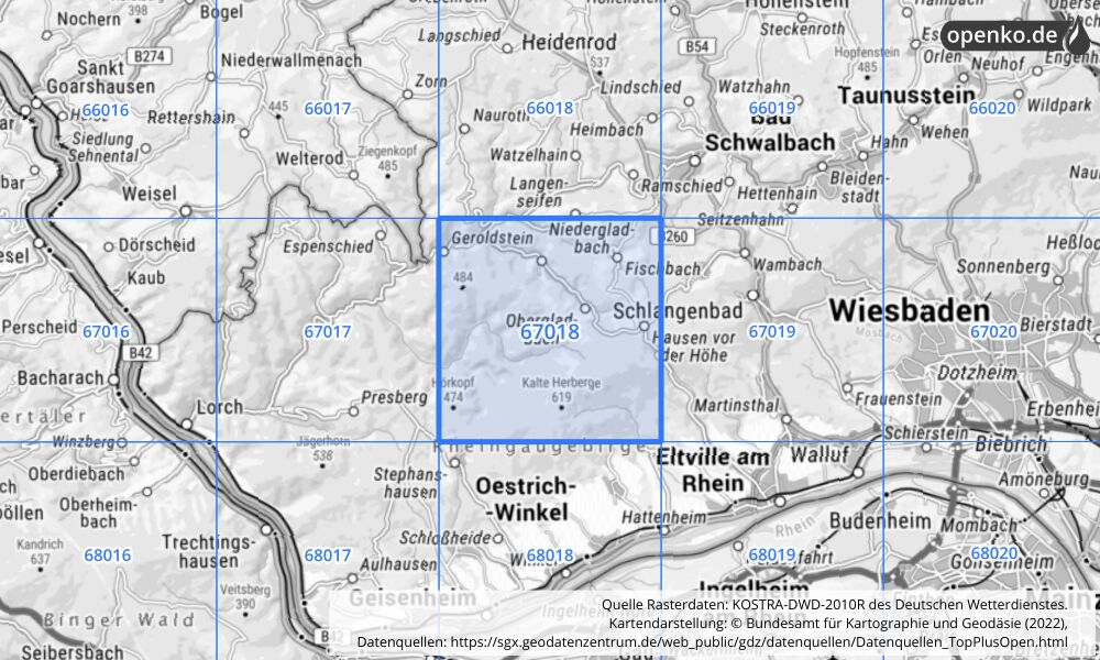 Übersichtskarte KOSTRA-DWD-2010R Rasterfeld Nr. 67018 mit angrenzenden Feldern