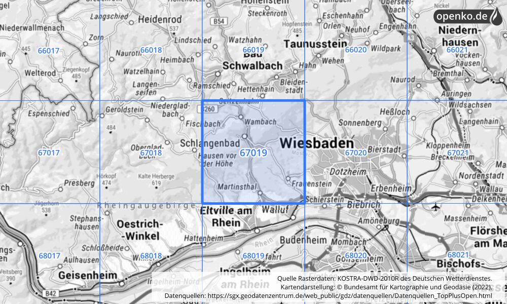 Übersichtskarte KOSTRA-DWD-2010R Rasterfeld Nr. 67019 mit angrenzenden Feldern