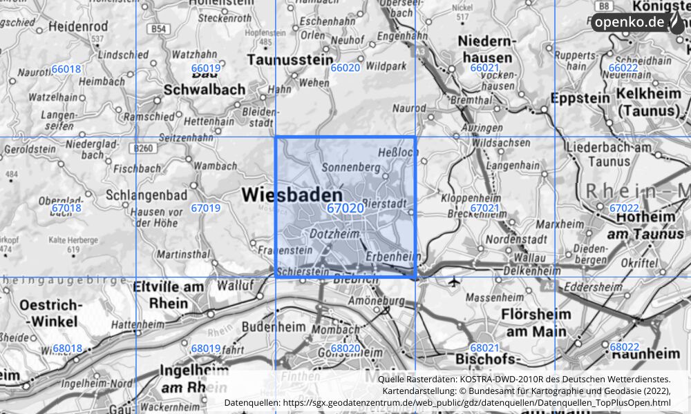 Übersichtskarte KOSTRA-DWD-2010R Rasterfeld Nr. 67020 mit angrenzenden Feldern