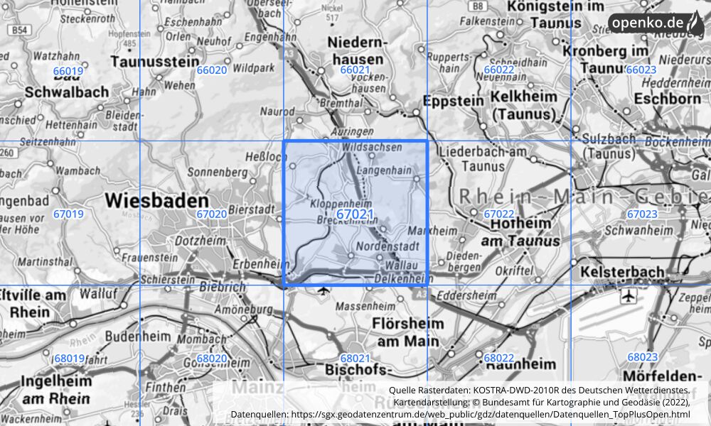 Übersichtskarte KOSTRA-DWD-2010R Rasterfeld Nr. 67021 mit angrenzenden Feldern