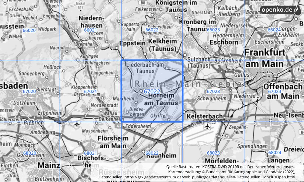 Übersichtskarte KOSTRA-DWD-2010R Rasterfeld Nr. 67022 mit angrenzenden Feldern