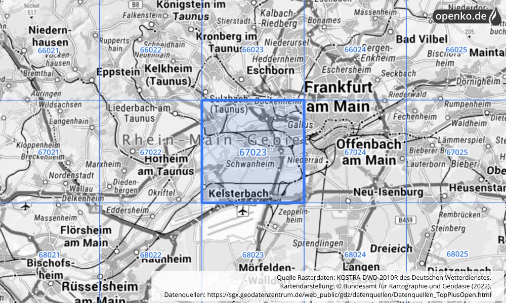 Übersichtskarte KOSTRA-DWD-2010R Rasterfeld Nr. 67023 mit angrenzenden Feldern