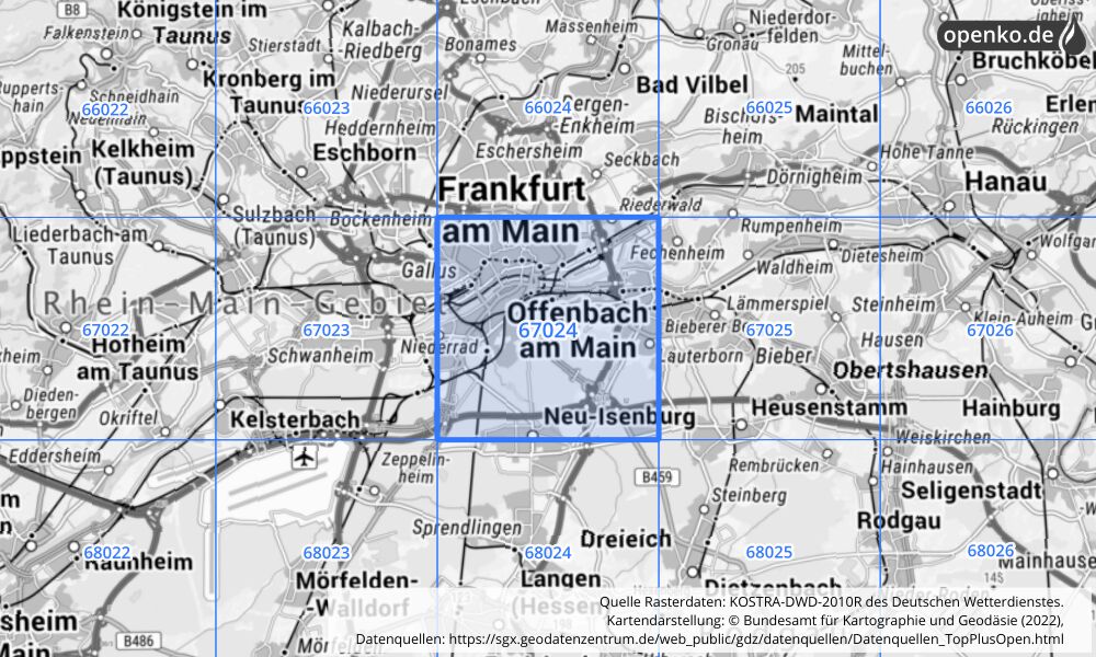 Übersichtskarte KOSTRA-DWD-2010R Rasterfeld Nr. 67024 mit angrenzenden Feldern