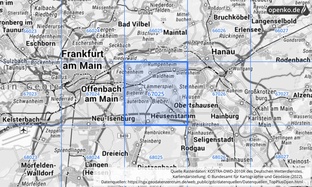 Übersichtskarte KOSTRA-DWD-2010R Rasterfeld Nr. 67025 mit angrenzenden Feldern