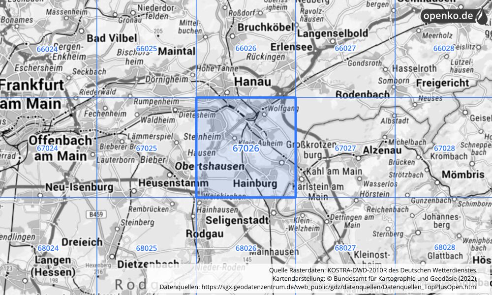 Übersichtskarte KOSTRA-DWD-2010R Rasterfeld Nr. 67026 mit angrenzenden Feldern