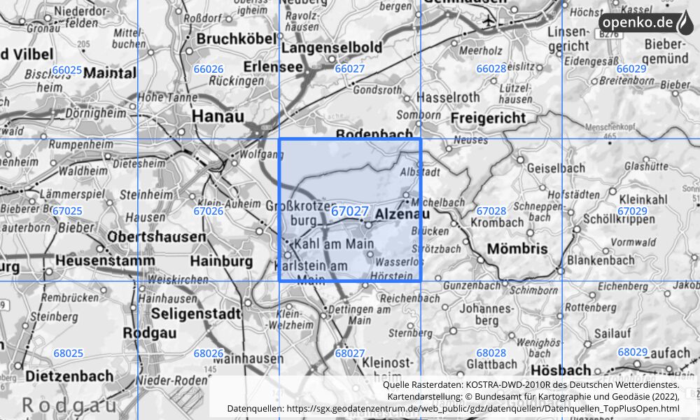 Übersichtskarte KOSTRA-DWD-2010R Rasterfeld Nr. 67027 mit angrenzenden Feldern