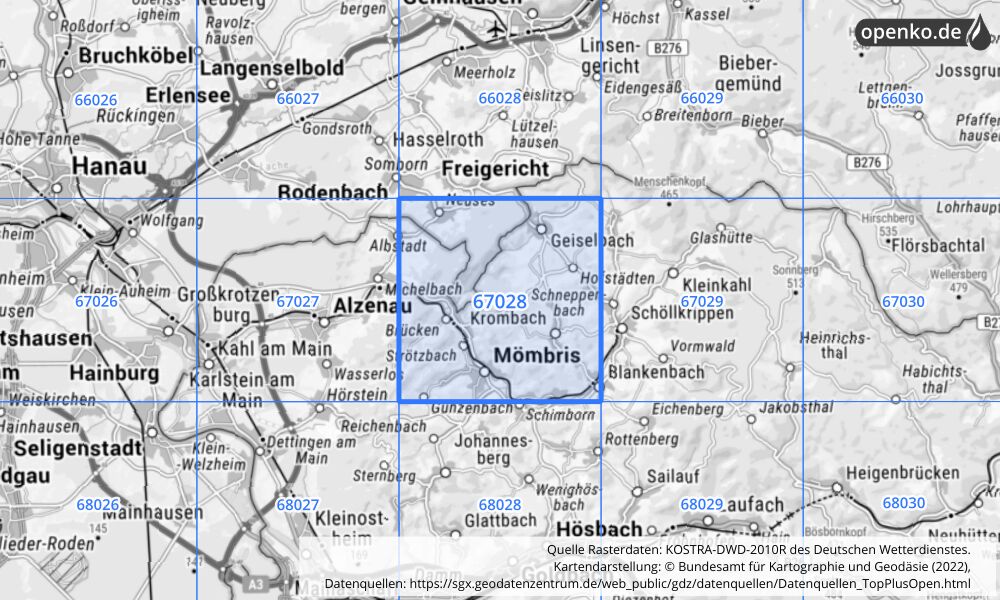 Übersichtskarte KOSTRA-DWD-2010R Rasterfeld Nr. 67028 mit angrenzenden Feldern