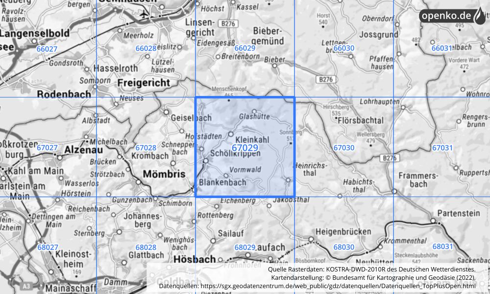 Übersichtskarte KOSTRA-DWD-2010R Rasterfeld Nr. 67029 mit angrenzenden Feldern