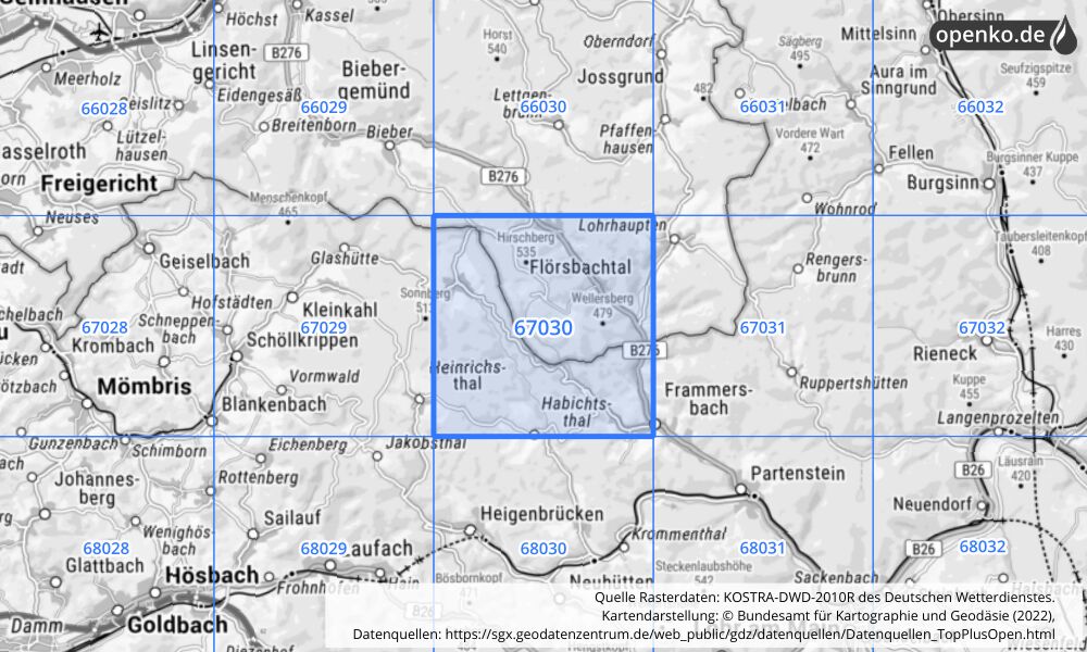 Übersichtskarte KOSTRA-DWD-2010R Rasterfeld Nr. 67030 mit angrenzenden Feldern