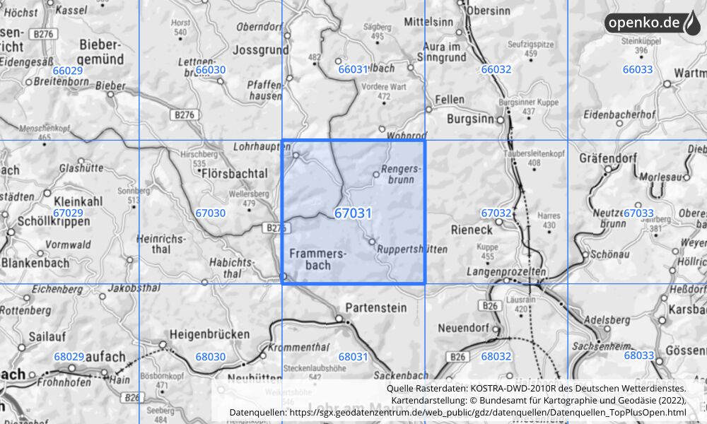 Übersichtskarte KOSTRA-DWD-2010R Rasterfeld Nr. 67031 mit angrenzenden Feldern