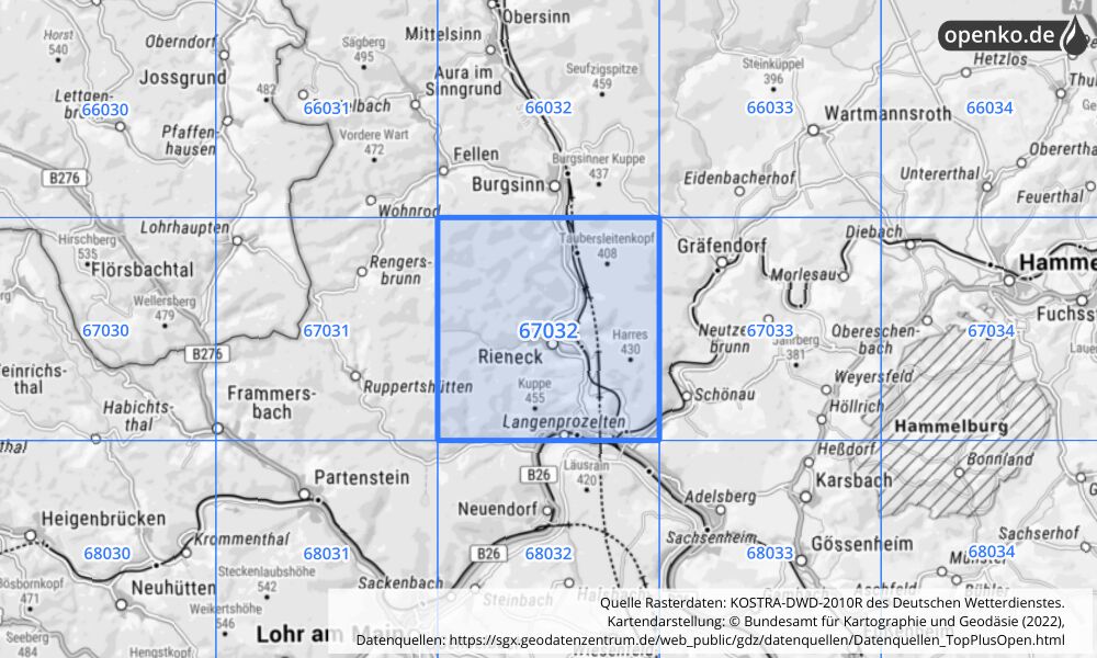 Übersichtskarte KOSTRA-DWD-2010R Rasterfeld Nr. 67032 mit angrenzenden Feldern