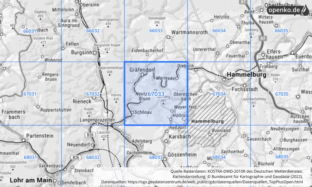 Übersichtskarte KOSTRA-DWD-2010R Rasterfeld Nr. 67033 mit angrenzenden Feldern