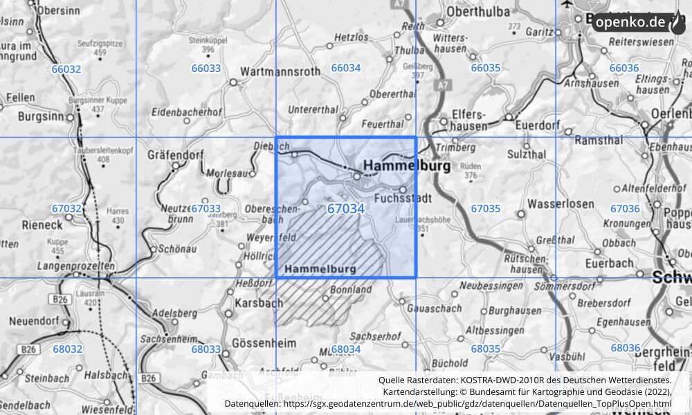 Übersichtskarte KOSTRA-DWD-2010R Rasterfeld Nr. 67034 mit angrenzenden Feldern