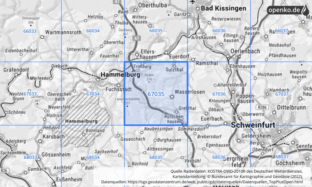 Übersichtskarte KOSTRA-DWD-2010R Rasterfeld Nr. 67035 mit angrenzenden Feldern