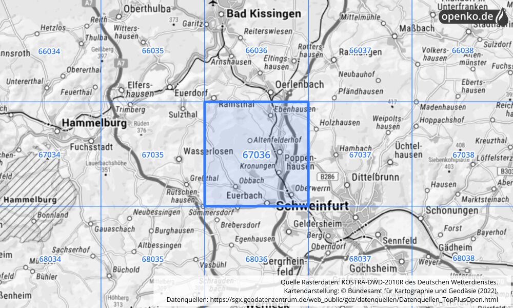 Übersichtskarte KOSTRA-DWD-2010R Rasterfeld Nr. 67036 mit angrenzenden Feldern