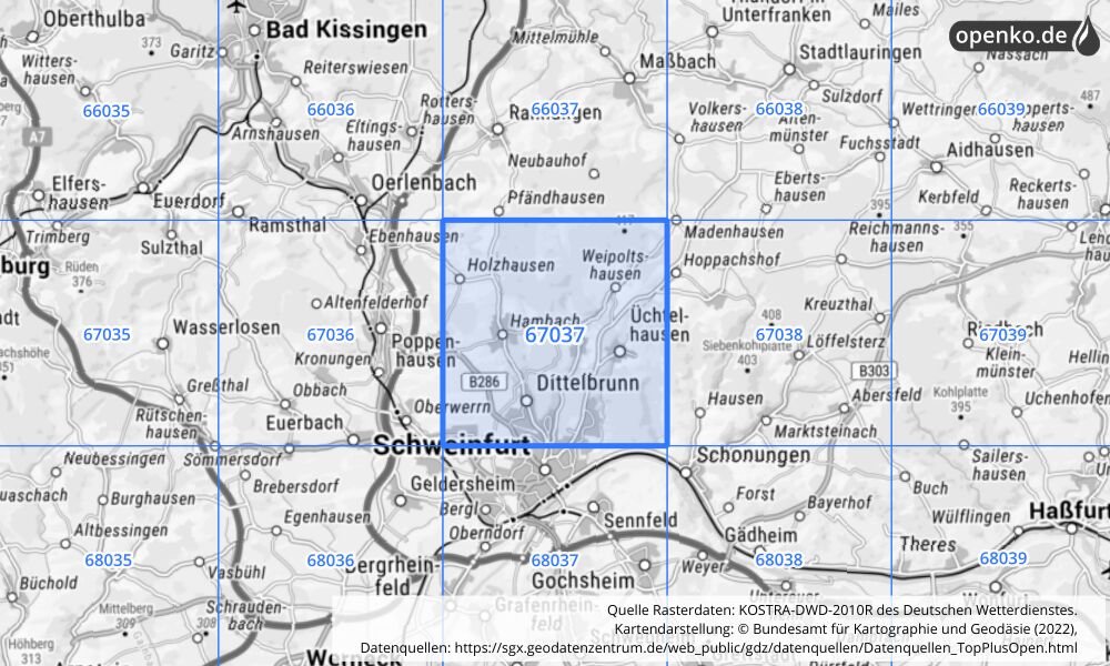 Übersichtskarte KOSTRA-DWD-2010R Rasterfeld Nr. 67037 mit angrenzenden Feldern