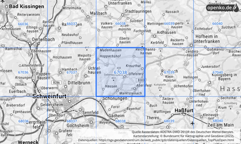 Übersichtskarte KOSTRA-DWD-2010R Rasterfeld Nr. 67038 mit angrenzenden Feldern