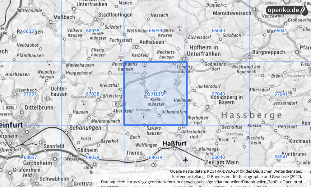 Übersichtskarte KOSTRA-DWD-2010R Rasterfeld Nr. 67039 mit angrenzenden Feldern