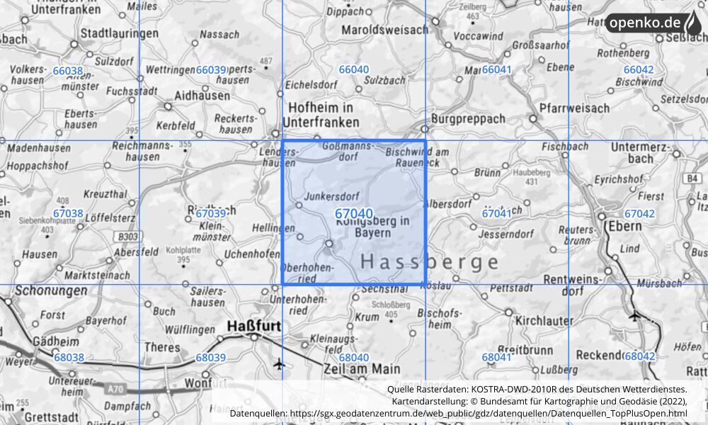 Übersichtskarte KOSTRA-DWD-2010R Rasterfeld Nr. 67040 mit angrenzenden Feldern