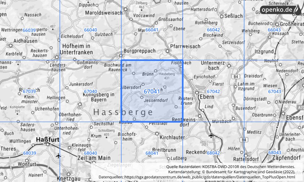 Übersichtskarte KOSTRA-DWD-2010R Rasterfeld Nr. 67041 mit angrenzenden Feldern