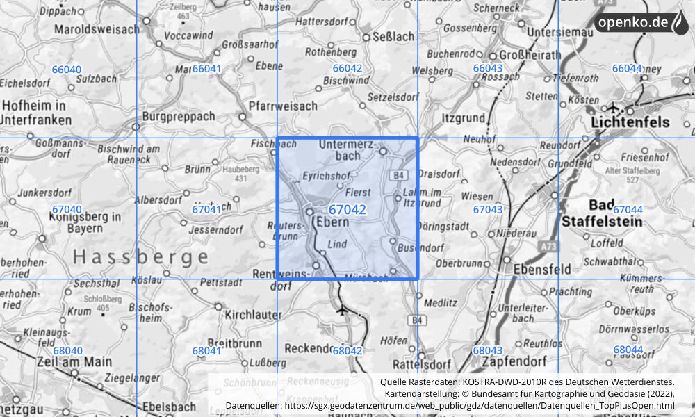 Übersichtskarte KOSTRA-DWD-2010R Rasterfeld Nr. 67042 mit angrenzenden Feldern