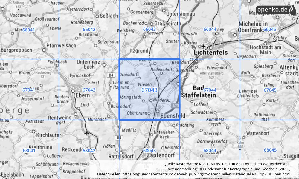 Übersichtskarte KOSTRA-DWD-2010R Rasterfeld Nr. 67043 mit angrenzenden Feldern