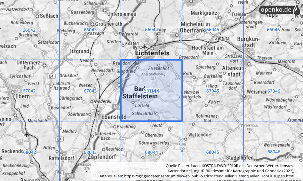 Übersichtskarte KOSTRA-DWD-2010R Rasterfeld Nr. 67044 mit angrenzenden Feldern