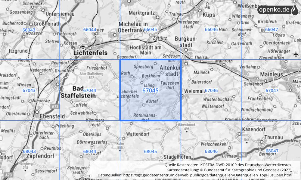 Übersichtskarte KOSTRA-DWD-2010R Rasterfeld Nr. 67045 mit angrenzenden Feldern