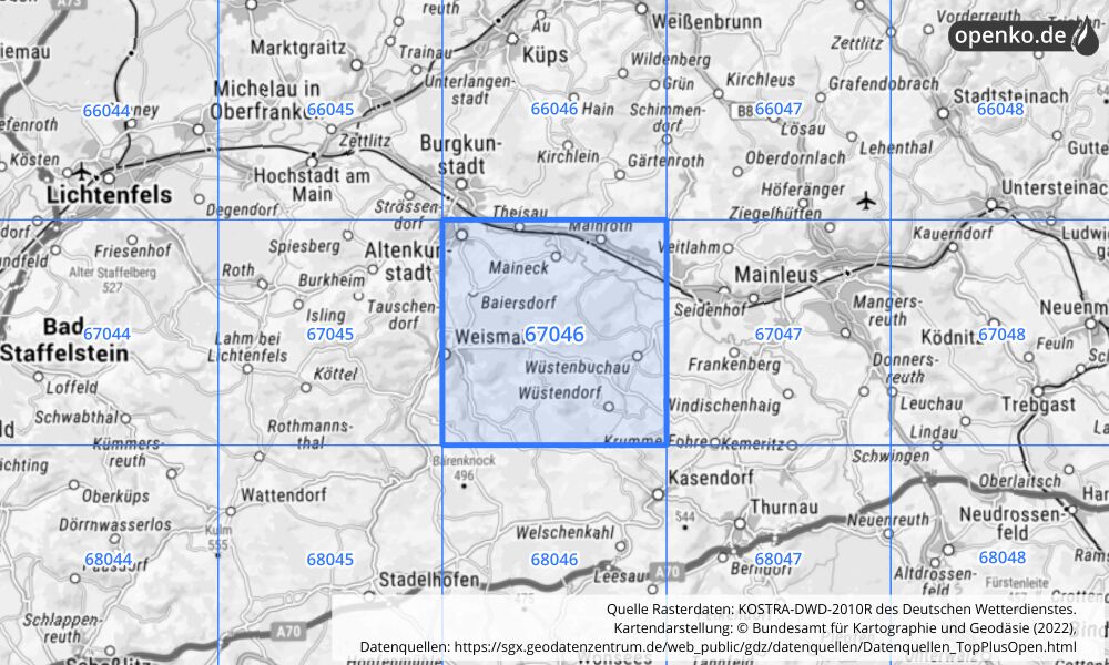 Übersichtskarte KOSTRA-DWD-2010R Rasterfeld Nr. 67046 mit angrenzenden Feldern