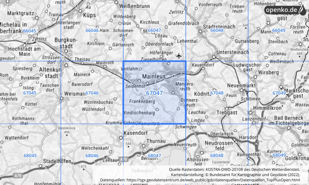 Übersichtskarte KOSTRA-DWD-2010R Rasterfeld Nr. 67047 mit angrenzenden Feldern