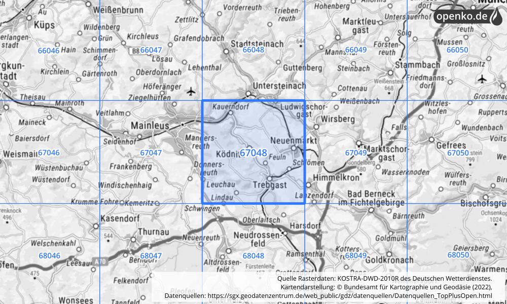 Übersichtskarte KOSTRA-DWD-2010R Rasterfeld Nr. 67048 mit angrenzenden Feldern