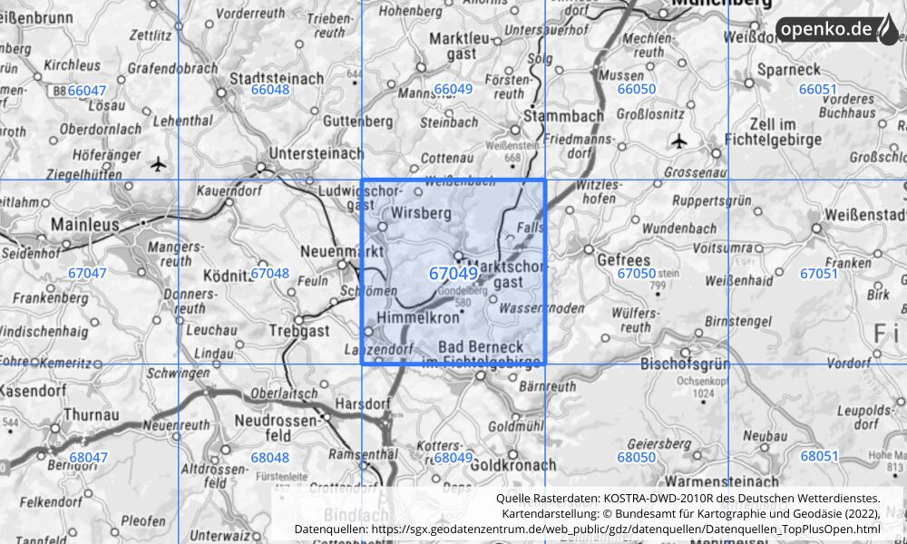 Übersichtskarte KOSTRA-DWD-2010R Rasterfeld Nr. 67049 mit angrenzenden Feldern