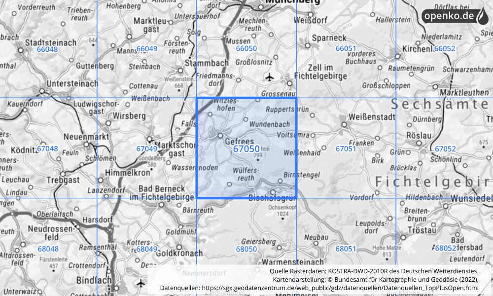 Übersichtskarte KOSTRA-DWD-2010R Rasterfeld Nr. 67050 mit angrenzenden Feldern