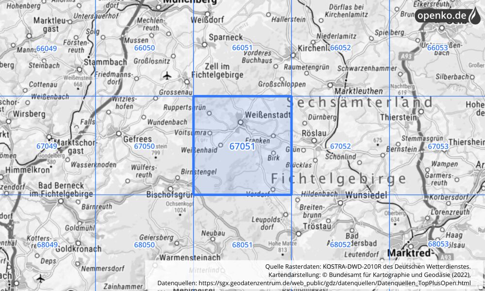 Übersichtskarte KOSTRA-DWD-2010R Rasterfeld Nr. 67051 mit angrenzenden Feldern