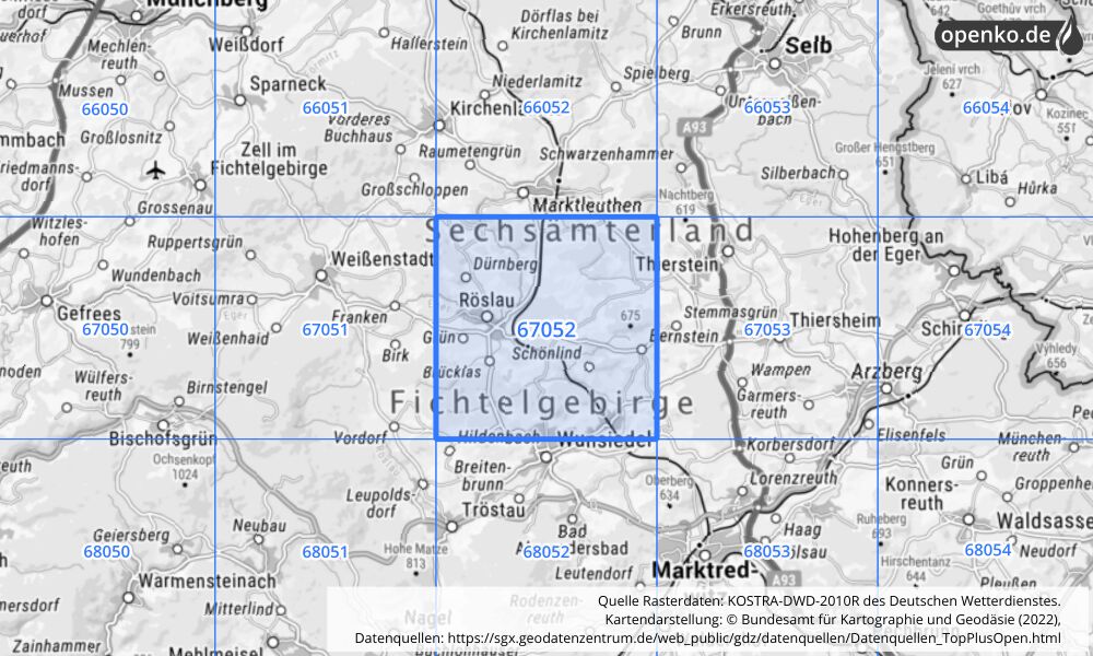 Übersichtskarte KOSTRA-DWD-2010R Rasterfeld Nr. 67052 mit angrenzenden Feldern