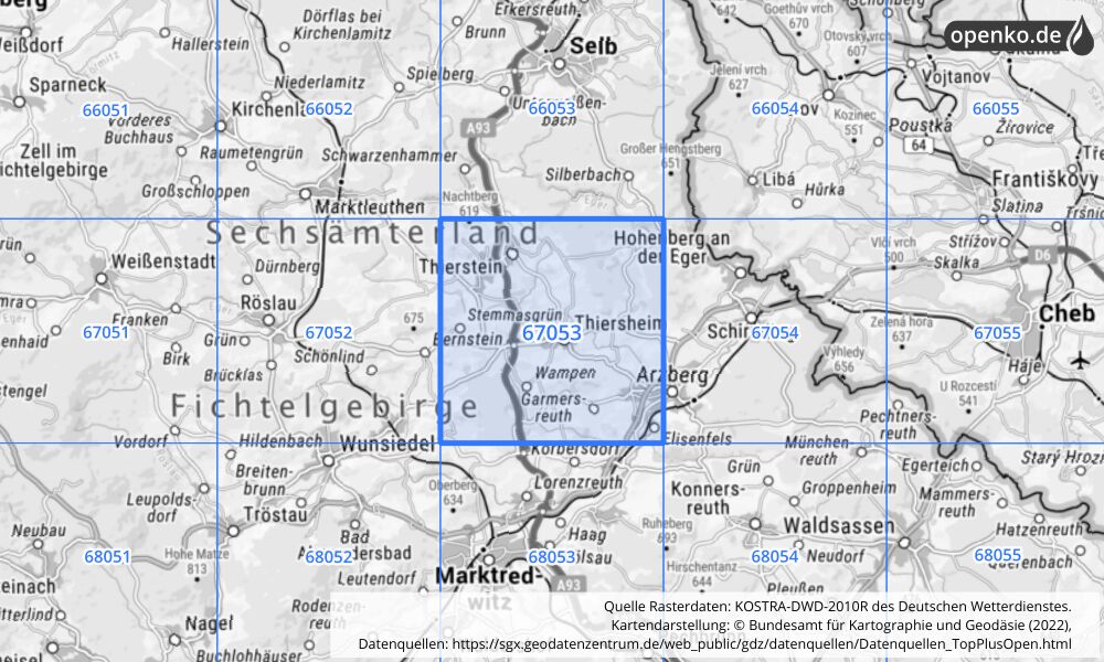 Übersichtskarte KOSTRA-DWD-2010R Rasterfeld Nr. 67053 mit angrenzenden Feldern