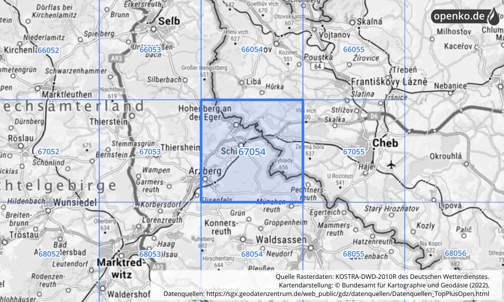 Übersichtskarte KOSTRA-DWD-2010R Rasterfeld Nr. 67054 mit angrenzenden Feldern