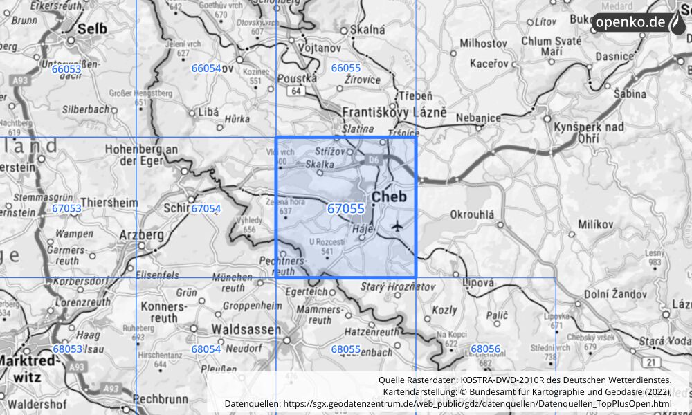 Übersichtskarte KOSTRA-DWD-2010R Rasterfeld Nr. 67055 mit angrenzenden Feldern