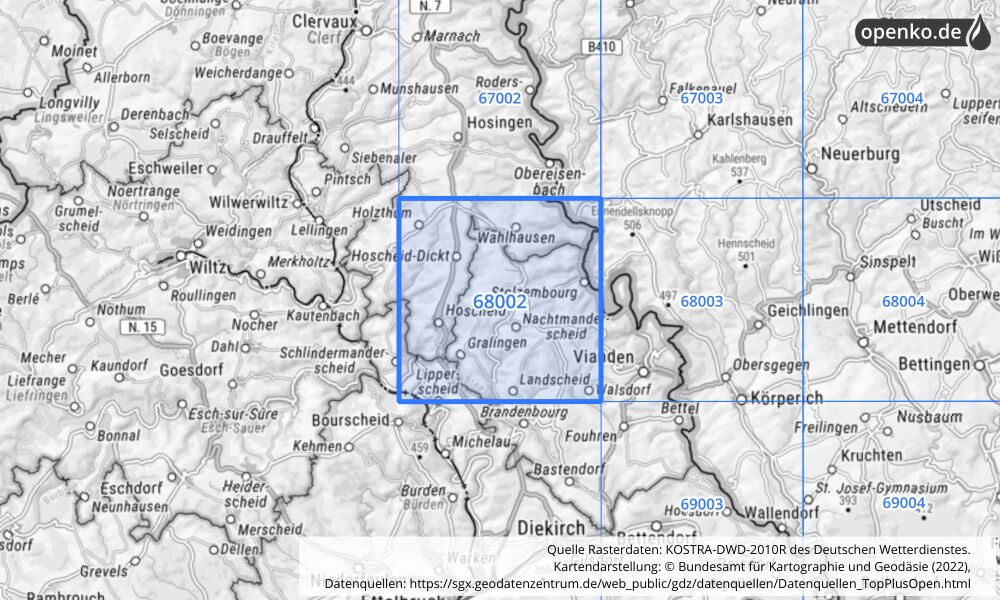 Übersichtskarte KOSTRA-DWD-2010R Rasterfeld Nr. 68002 mit angrenzenden Feldern