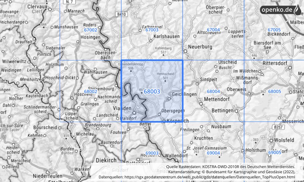 Übersichtskarte KOSTRA-DWD-2010R Rasterfeld Nr. 68003 mit angrenzenden Feldern